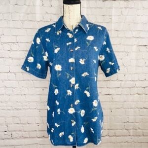 Bill Blass Jean Flower Denim Button down Shirt size Small